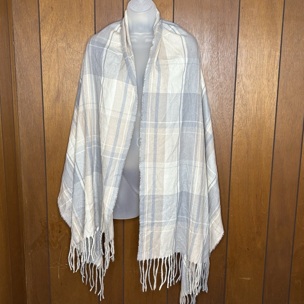 Steve Madden Oversized Plaid Scarf Unisex 84" Beige Gray Cozy Academia‎ Preppy